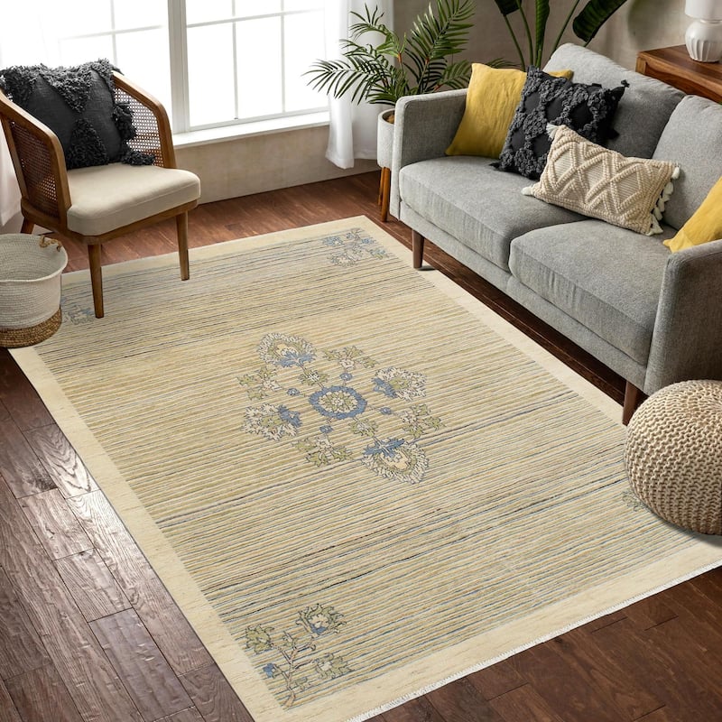 Tribal Heriz Ziegler Penelope Beige Blue Hand-Knotted Rug - 4'7'' x 6'4''