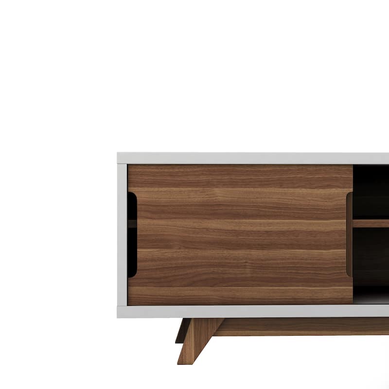 DH BASIC Mid-Century Modern White and Walnut 62-inch Wide 6-Shelf TV Stand by Denhour