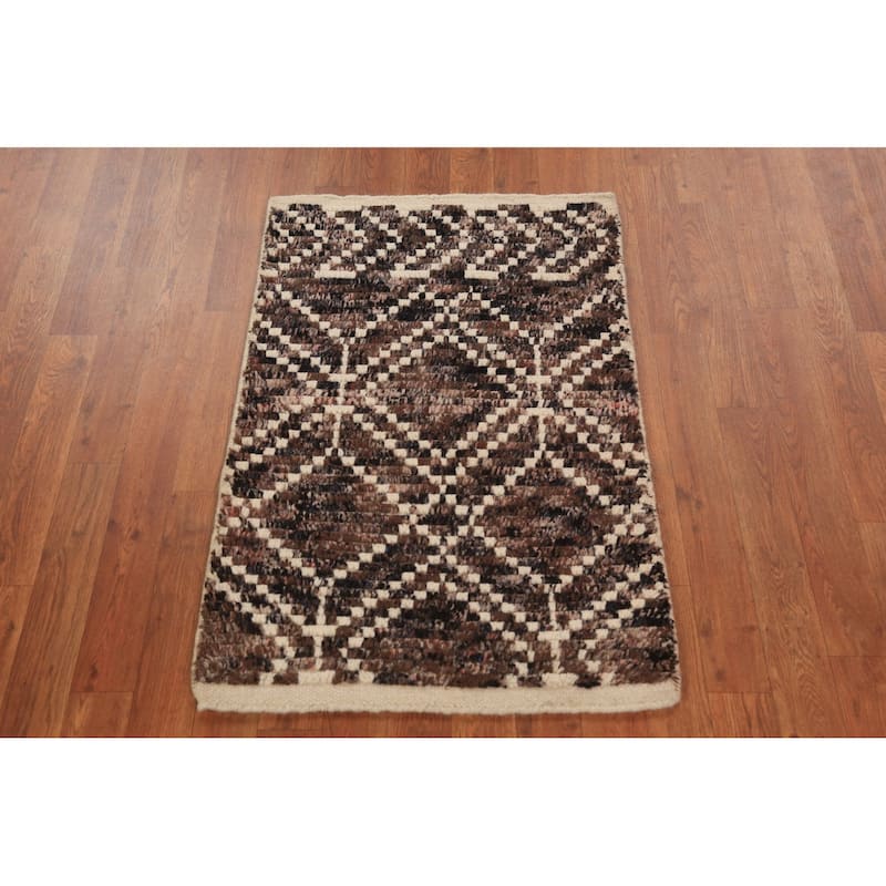 Brown Moroccan Oriental Foyer Rug Hand-Knotted Accent Wool Carpet - 2'0"x 3'0"