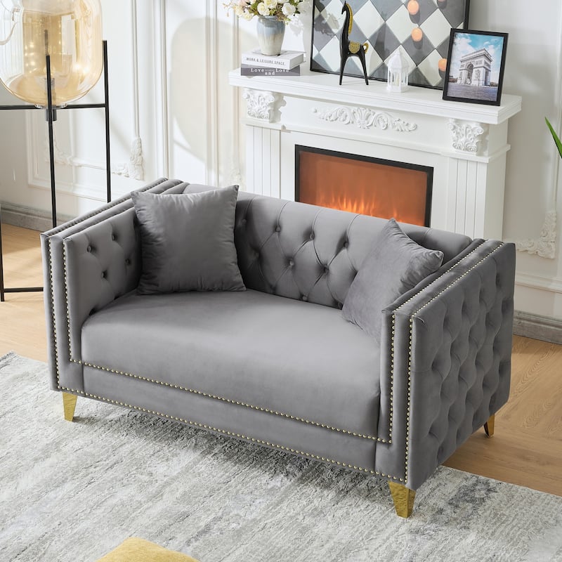 Velvet Upholstered Loveseat, Button Tufted 2 Seater Deep Seat Couche, Lounge Sofa with Nailhead Trims & Square Arms