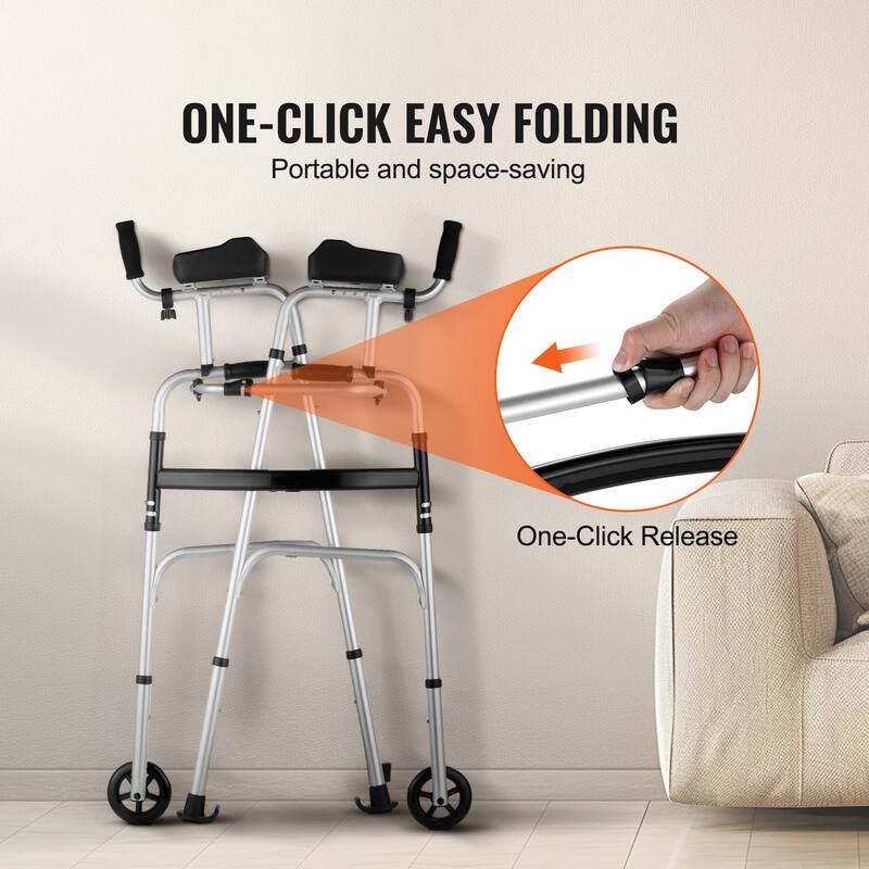 2 in 1 Folding Walker & Removable Armrests, Height Adjustable Foldable Walker with 5" Solid Wheels, Lightweight Aluminum