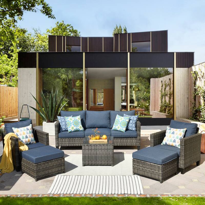 OVIOS 6-piece Outdoor Patio Wicker Conversation Set With Glass-Top Table