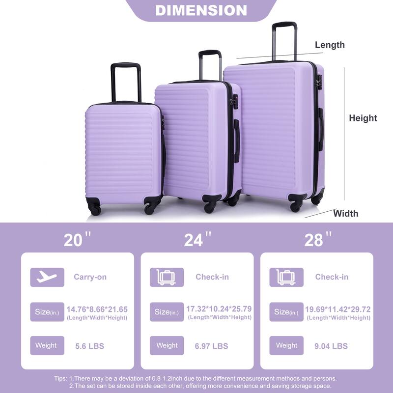 3 Piece Carry on Luggage Approved Hard Case Luggage Expandable Checked