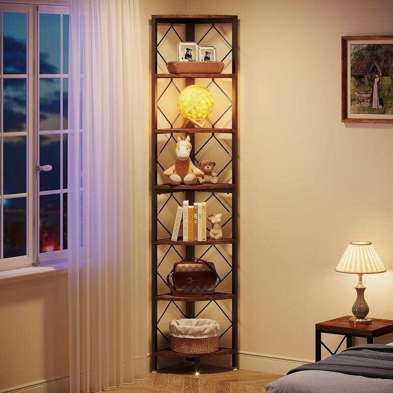 7-Tier Corner Shelf, 78" Tall Bookshelf, Industrial Wood Display Shelf
