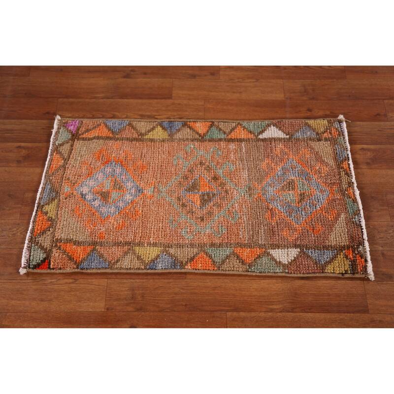 Hand Knotted Oriental 100% Wool Carpet Transitional Geometric Oranges & Rust Anatolian Area Rug - 2' 10'' X 1' 7''
