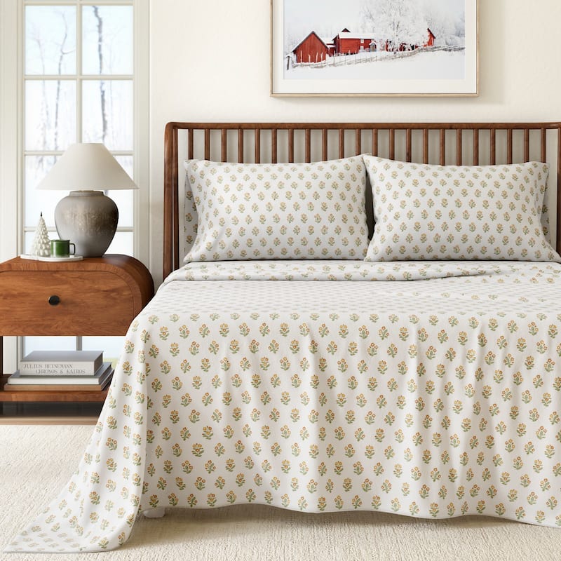 Linery & Co. Ultra-Soft Turkish Cotton Flannel Winter Floral Print Sheet Set - Queen - Flowerbuds