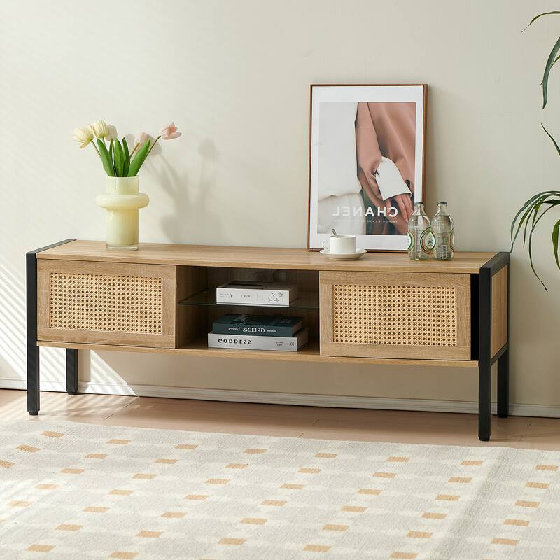 54.33" Rattan TV cabinet with variable color light strip, double sliding doors for storage, adjustable shelf, metal legs - Brown