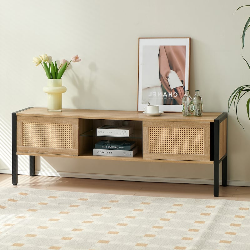 54.33"Rattan TV cabinet with variable color light strip,double sliding doors for storage,adjustable shelf,metal legs,TV console - Natural