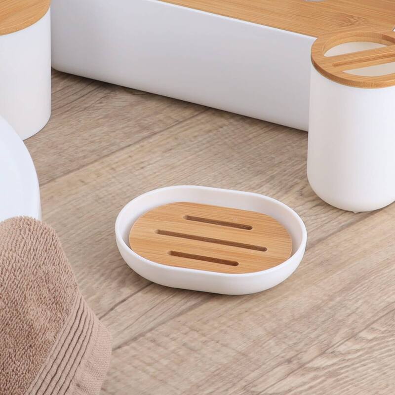 Evideco Bathroom Soap Dish Cup Padang White Bamboo Tray