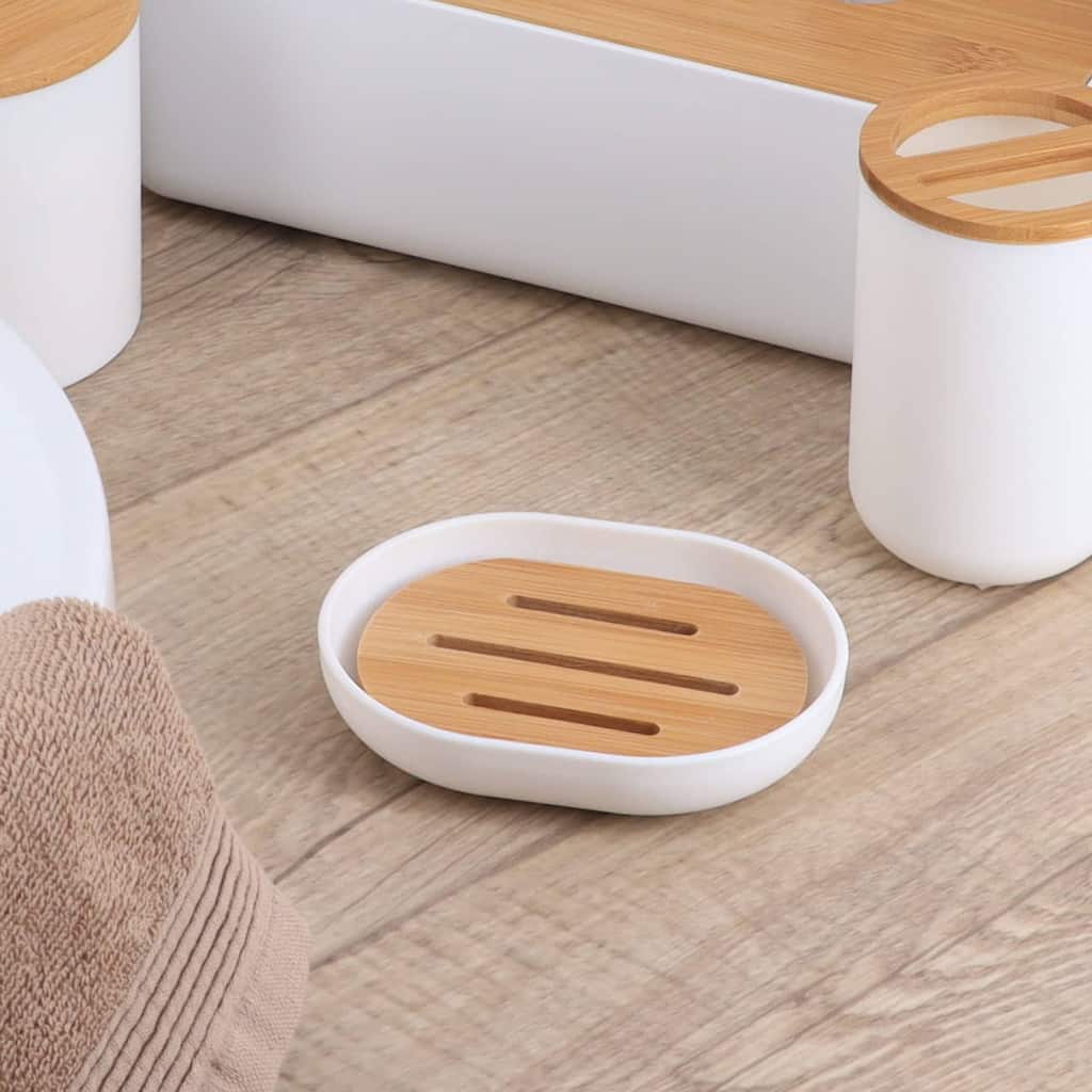 Evideco Bathroom Soap Dish Cup Padang White Bamboo Tray