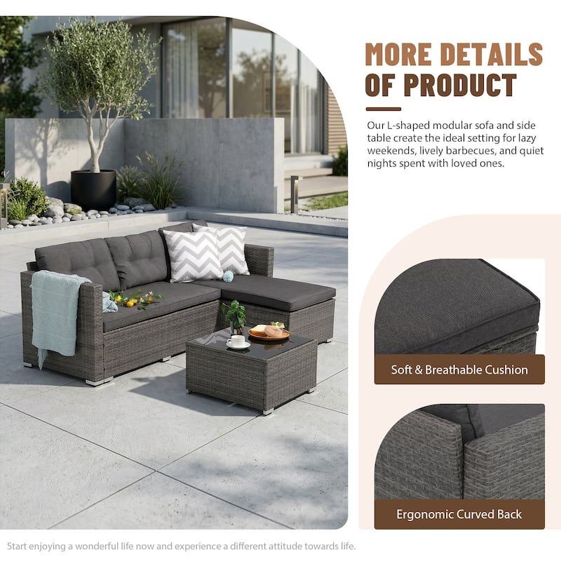 L-Shaped Outdoor Sectional Sofa, PE Wicker Patio Sofa Set with Table and Cushions