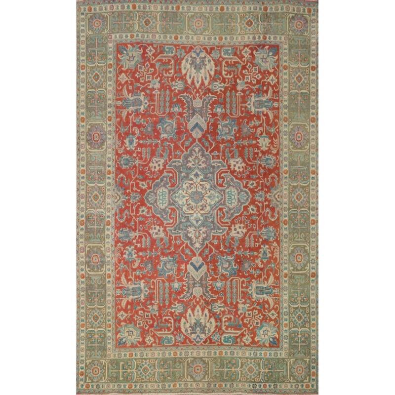 Hand Knotted Oriental 100% Wool Carpet Traditional Floral Red Tabriz Area Rug - 9' 8'' X 6' 6''