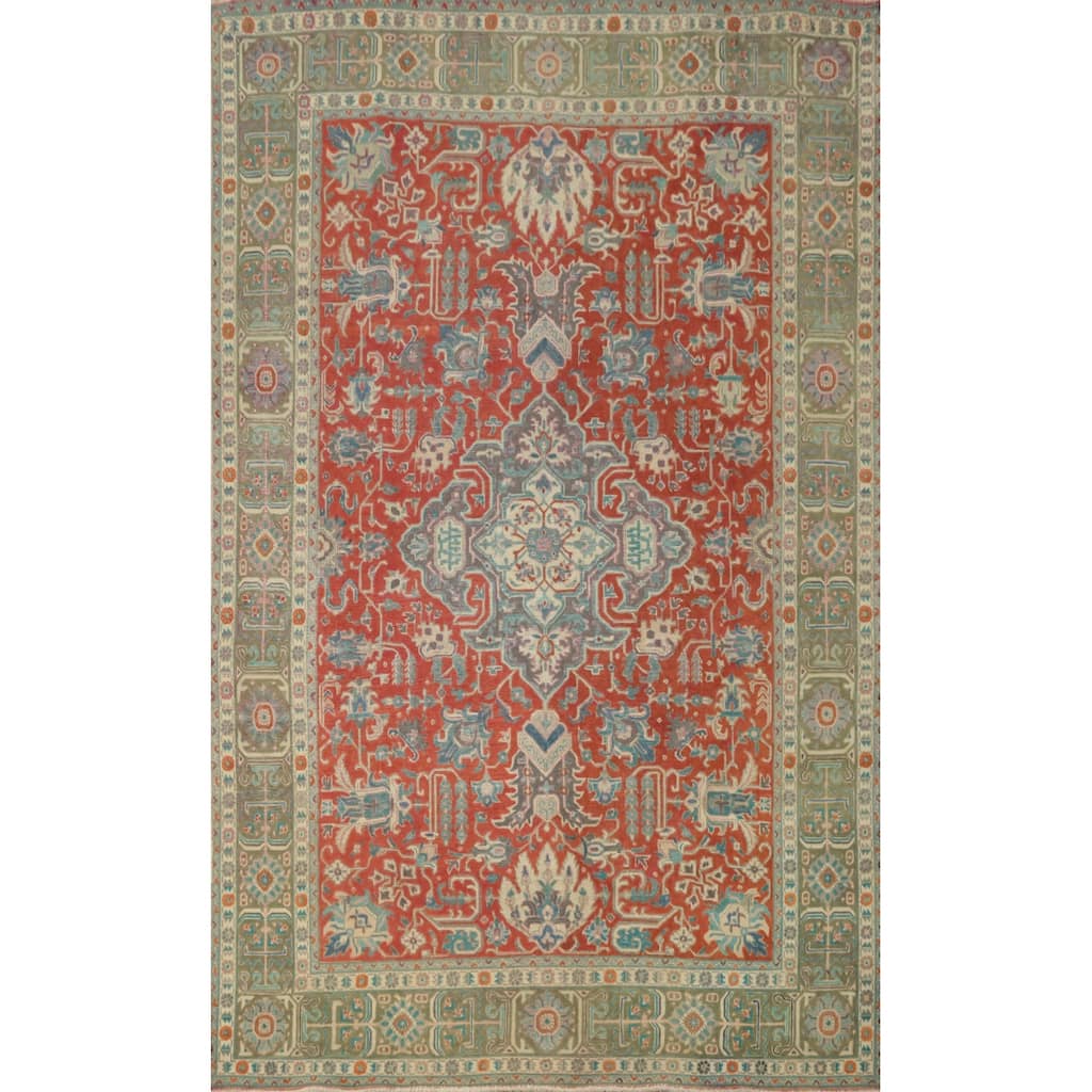 Hand Knotted Oriental 100% Wool Carpet Traditional Floral Red Tabriz Area Rug - 9' 8'' X 6' 6''