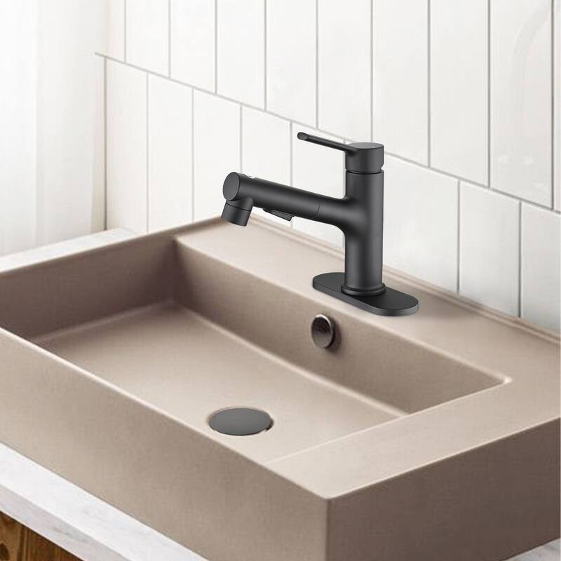 Modern Single Handle Bathroom Sink Faucet with Pop Up Drain and Pull Out Sprayer, 3 Function Spray, Fingerprint Resistant - Black
