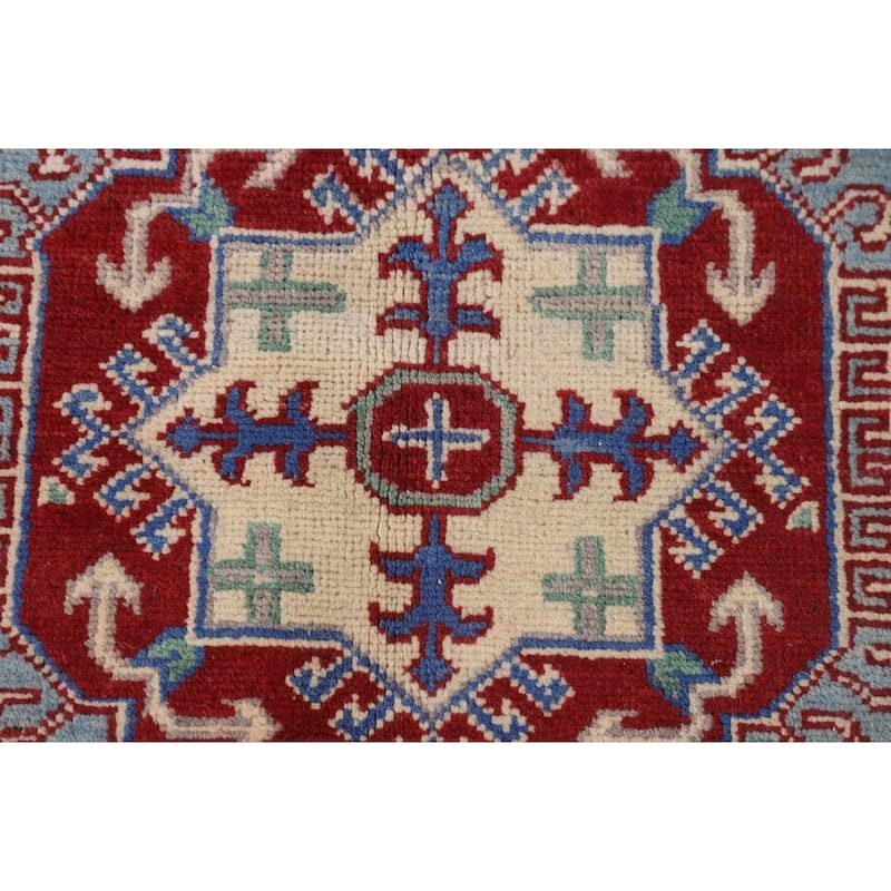 Light Blue Geometric Kazak Rug Handmade Wool Carpet - 4'11" x 6'6"