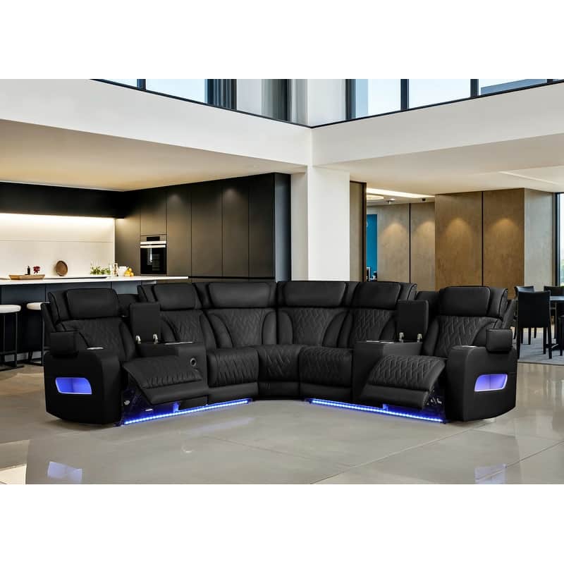 Jazz 117"W Leather Aire Power Reclining Sectional Sofa w/Power Headrest, Bluetooth Speakers, LED, USB, Storage & Cupholders - Black
