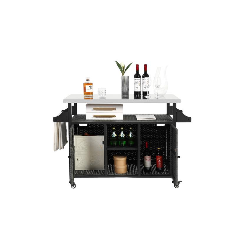 Large bar cart,Outdoor Kitchen Wicker Island Rolling Cart & Storage Cabinet, Wheels and Stainless Steel Extended Table Top