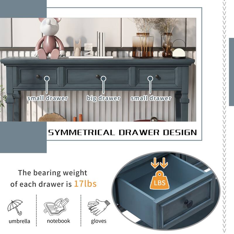 Classic Solid Wood Console Table, Side Table with 3 Top Drawers & Open Bottom Shelf, American Retro Sofa Table Entryway Table