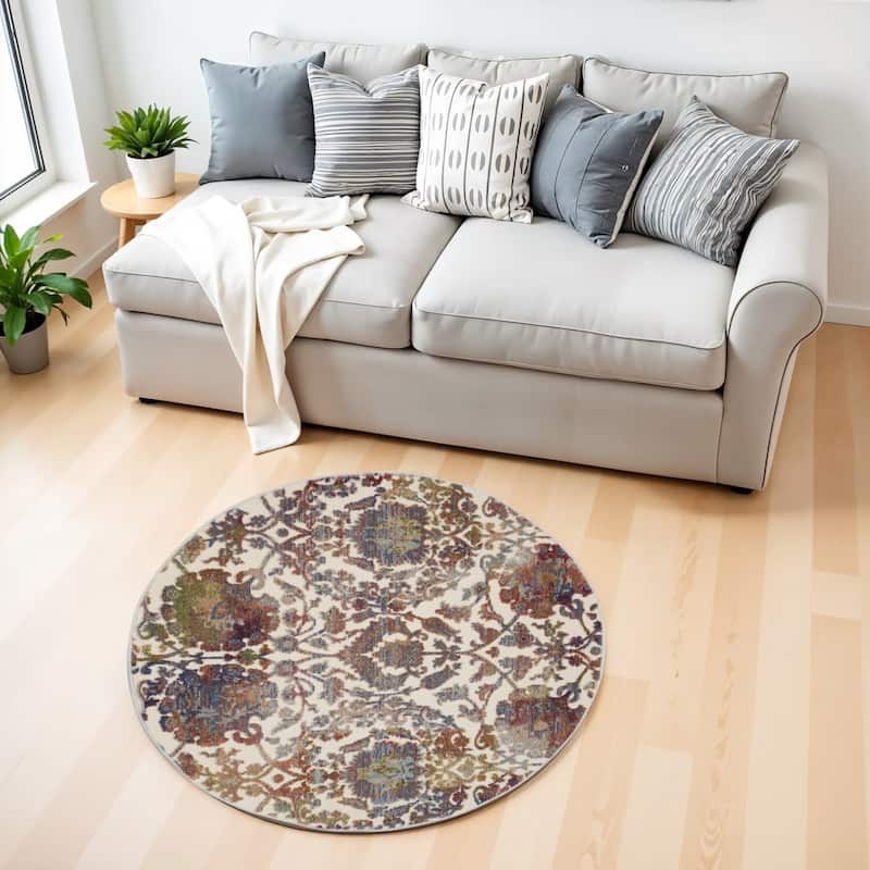 Buhaw Power Loomed Distressed Geometric Floral Traditional Non Skid Area Rug By HomeRoots - 48' X '48' X '0.5 - 48' X '48' X '0.5 - Cream/Onyx - Round