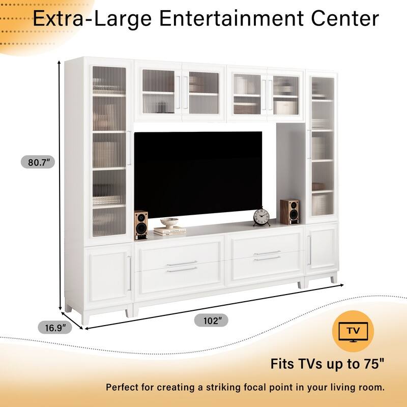 Modern 102" W Wall Unit Entertainment Center for TVs up to 75", Large Media TV Console with Glass Doors and Drawers