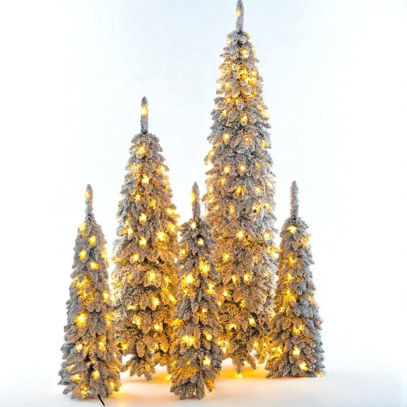 5-Piece Pre-Lit Pencil Christmas Tree Set, Snow Flocked Slim Xmas Trees with 350 LED Lights and 1820 Tips