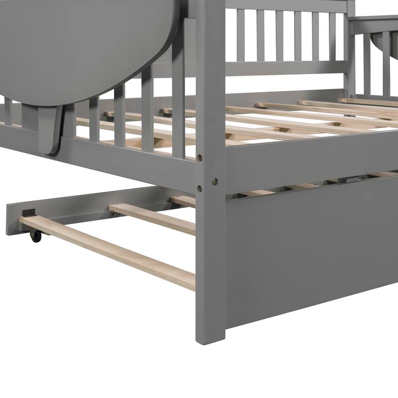 Twin/Full Size Daybed with Trundle Bed, Wooden Sofa Bed for Kids' Rooms and Guest Rooms, Sturdy Pine Wood Frame