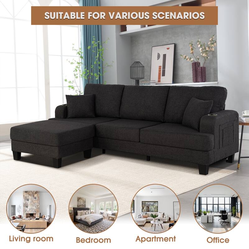 Modern Black Fabric 3-Piece Living Room Sofa Set with Loveset and Ottoman