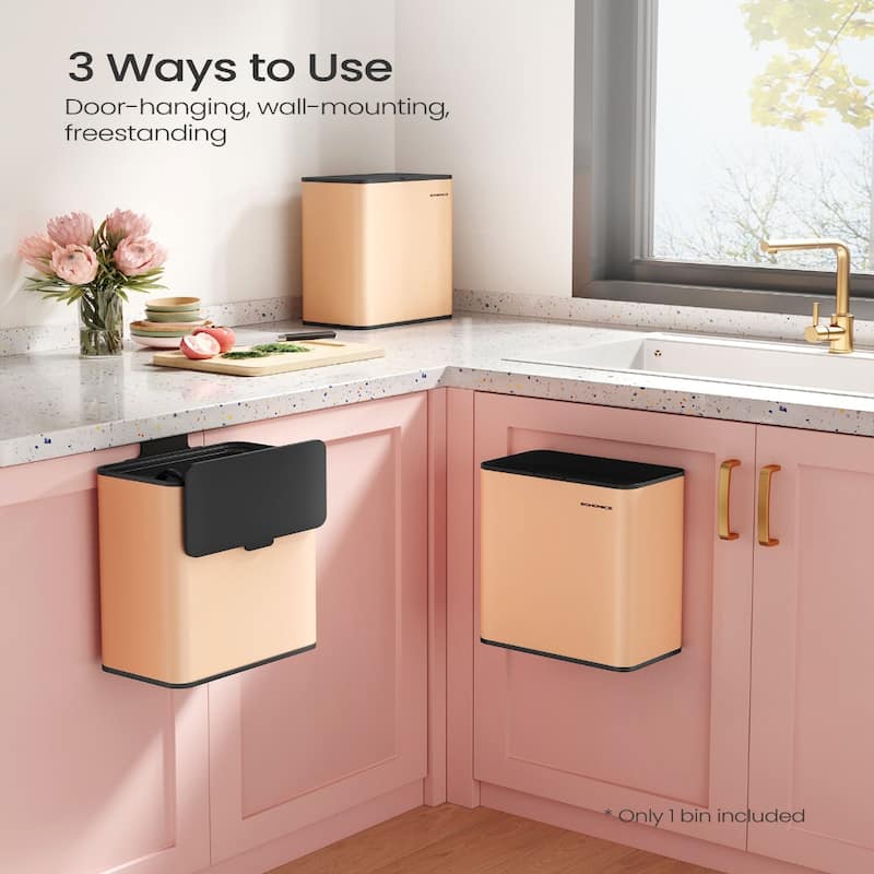 2.1 Gallon Hanging Trash Can with Lid for Kitchen Cabinet Wall Mounted or Countertop Use