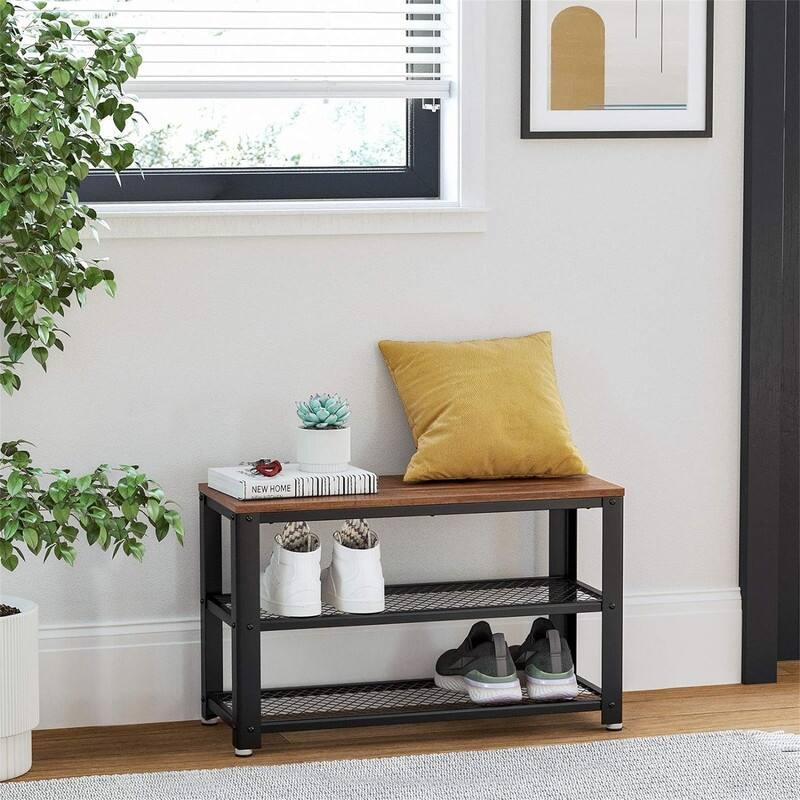 Shelf Storage Bench with Metal Mesh Shelves and Seat Free Standing - 11.8"D x 28.7"W x 17.7"H