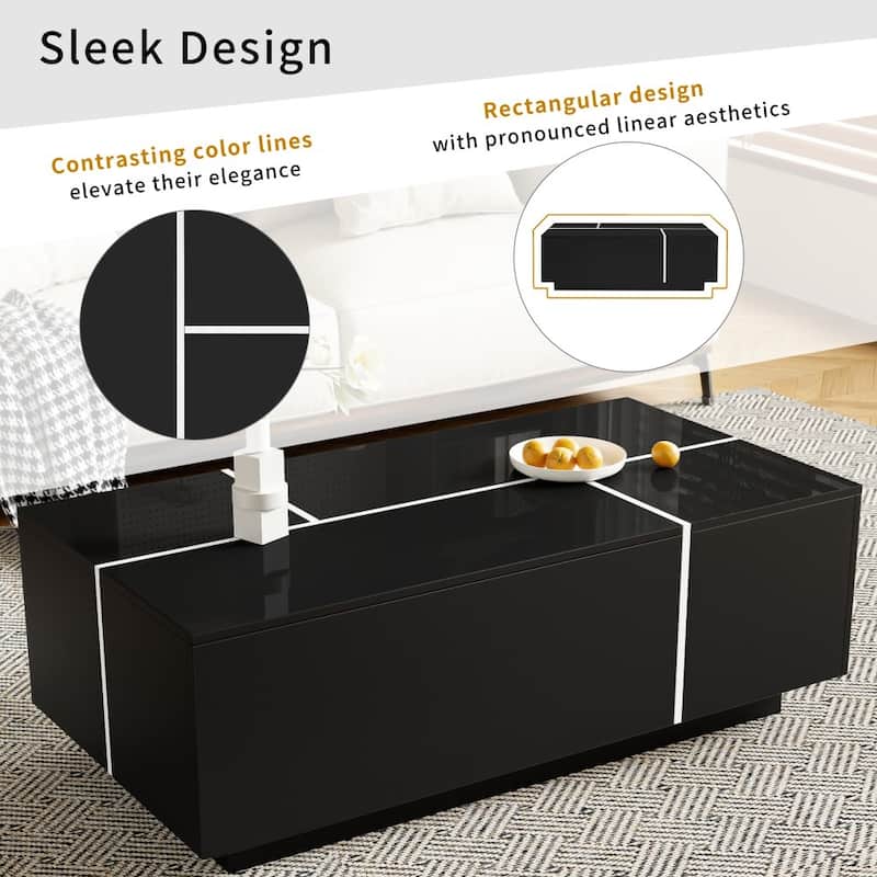 47.2''-72.7'' Modern Multi-functional Extendable Coffee Table with High-gloss Finish and 2 Hidden Storage Space