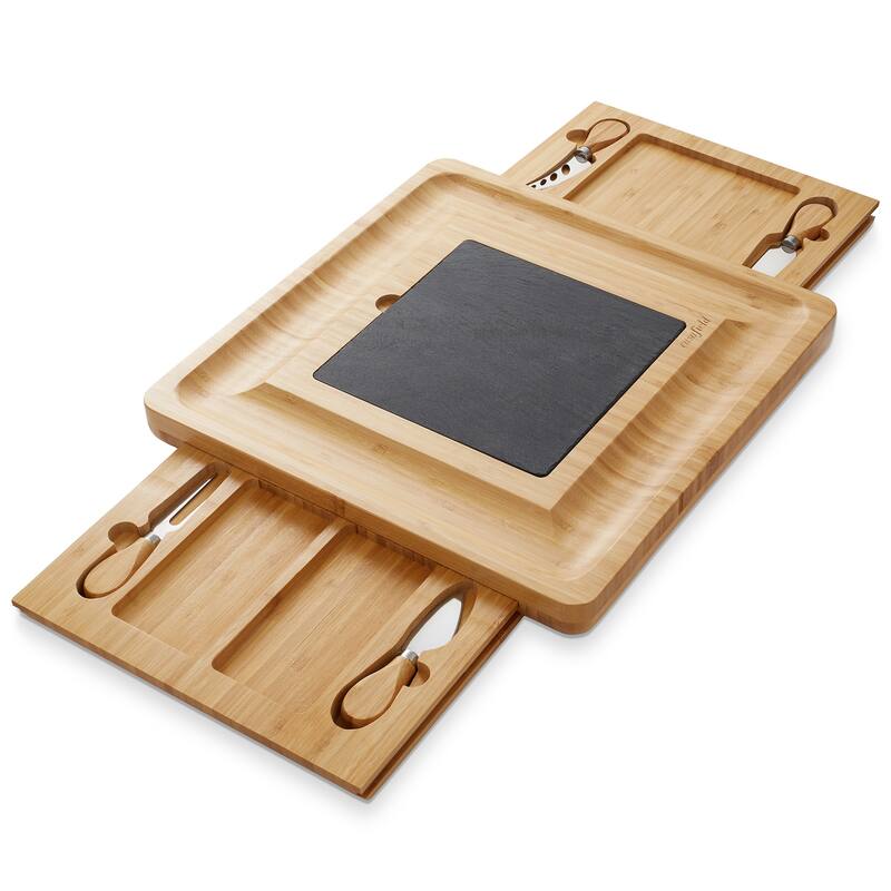 Bamboo Cheese Board and Knife Set with Slate Center - Large