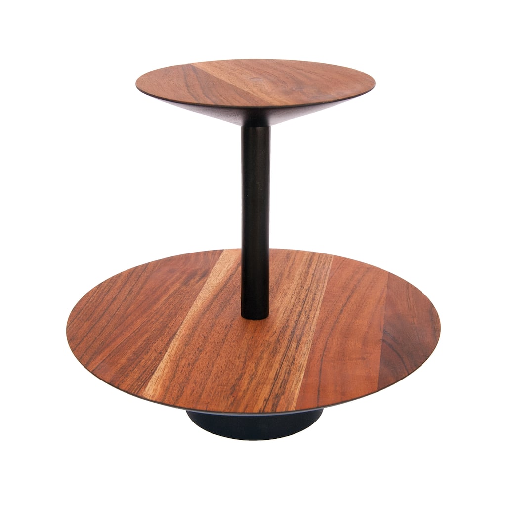 Acacia Wood 2-Tier Tray with Metal Stand - 9.8"L x 9.8"W x 9.0"H