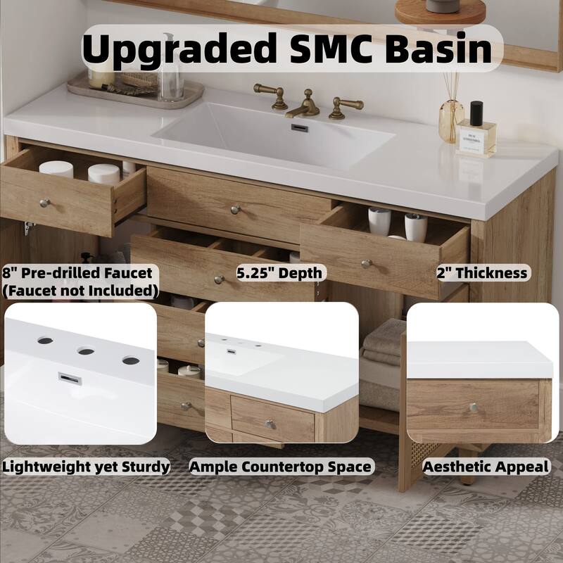60 Inch Bathroom Vanity with Single SMC Sink, 5 Soft-Close Drawers, Rattan Door Cabinets, Freestanding Cabinet with Pine Legs