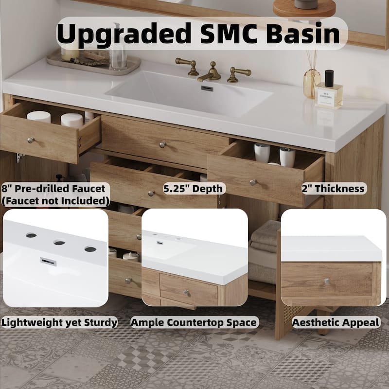 Christopher Knight Home - Emery 60" Bathroom Vanity with SMC Sink, Natural Finish for Modern Large Storage Cabinet