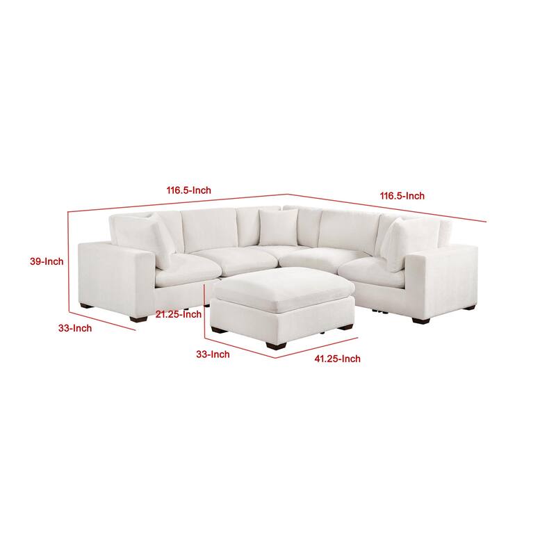 Lahe 6 Piece Modular Sectional Sofa with Ottoman, 3 Pillows, Ivory