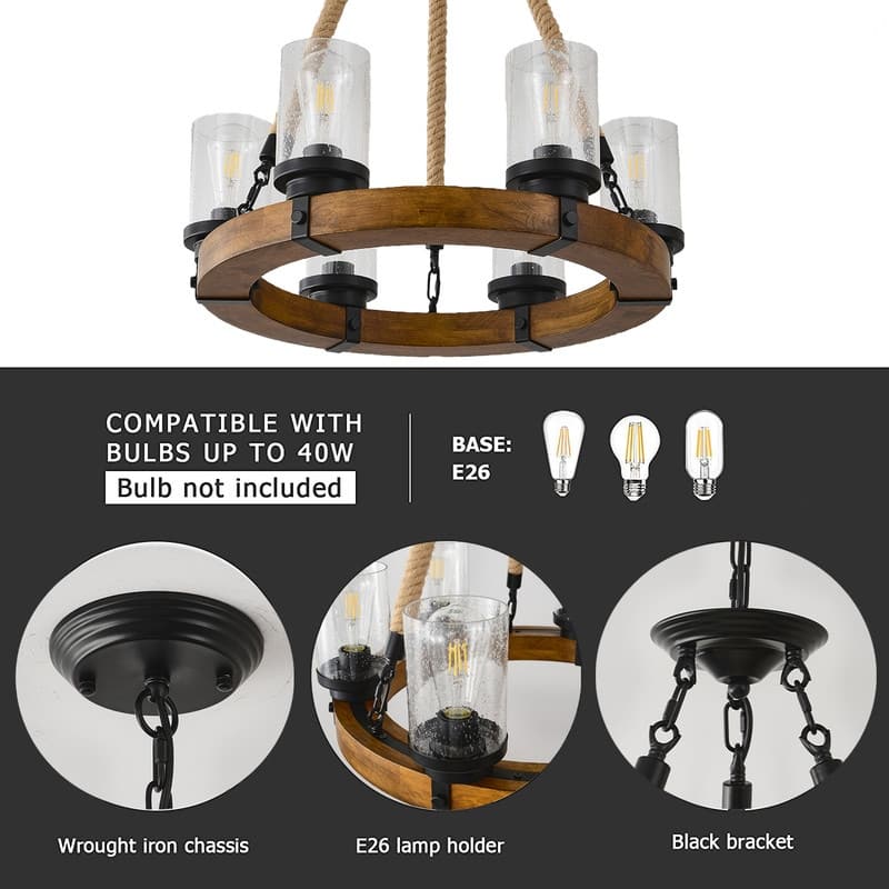 Farmhouse Wagon Wheel Chandelier,6 Light Round Wagon Wheel Chandelier - 25” in diameter x 27” - 25” in diameter x 27” - burlywood
