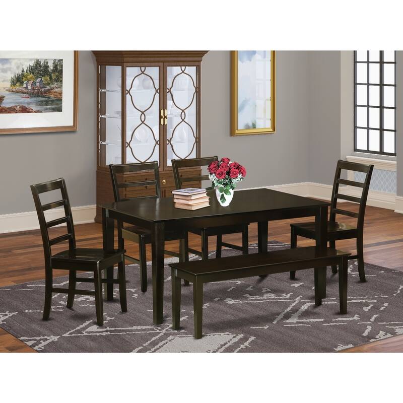 HomeStock 6-Piece Rectangle Cappuccino Finish Solid Wood Top Dining Table with 1 Bench, 4 Chairs