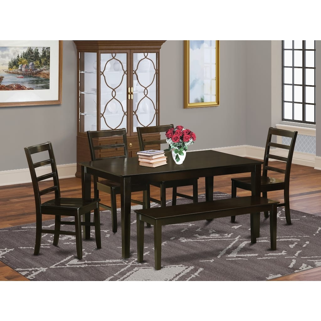 HomeStock 6-Piece Rectangle Cappuccino Finish Solid Wood Top Dining Table with 1 Bench, 4 Chairs