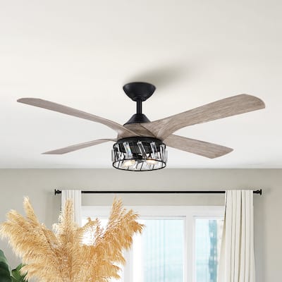 52" Industrial Black 4-Blade AC Motor Ceiling Fan with Light and Remote