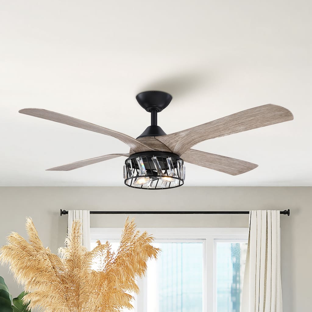 52-inch Matte Black Modern Crystal LED Chandelier Ceiling Fan with Downrod and Remote