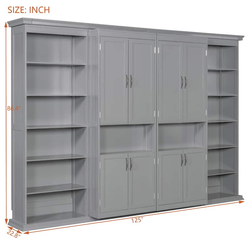 Full Murphy Bed with Sliding Storage Cabinets, Dual 6-Tier Shelves, Space-Saving Hidden Wall Bed