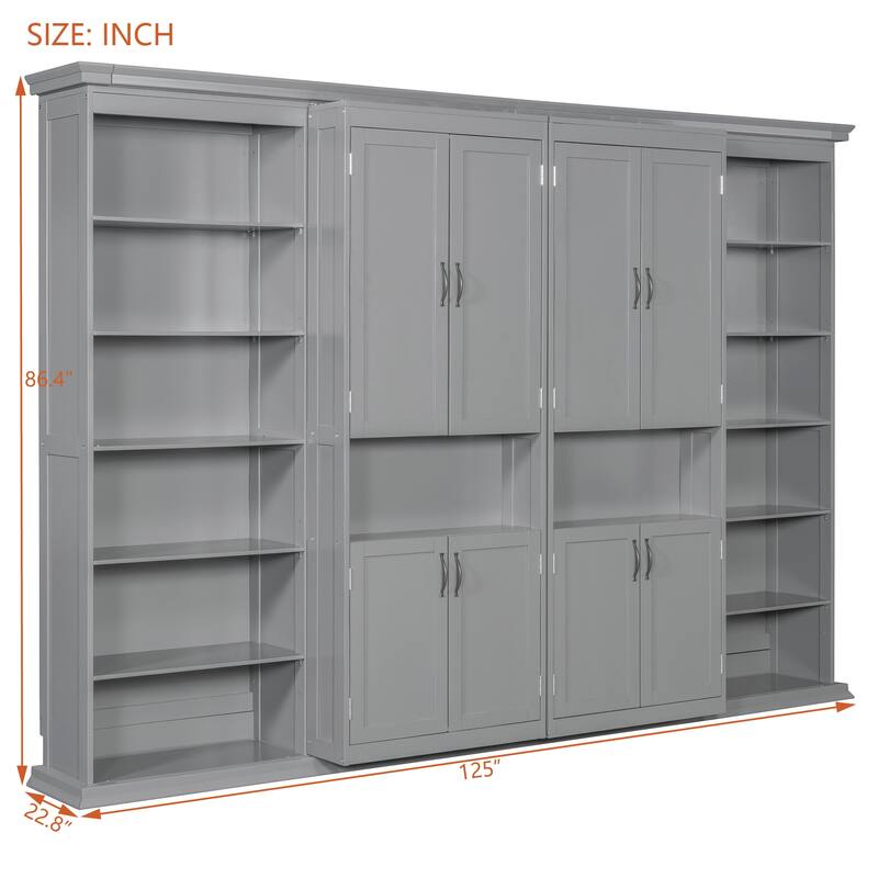 Queen Murphy Bed with Sliding Storage Cabinets & Shelves - Large Capacity Wall Bed System