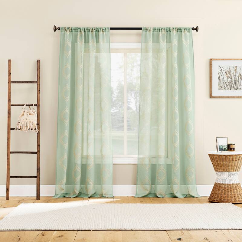No. 918 Ravenna Embroidered Medallion Sheer Rod Pocket 1-Piece Curtain Panel, Single Panel