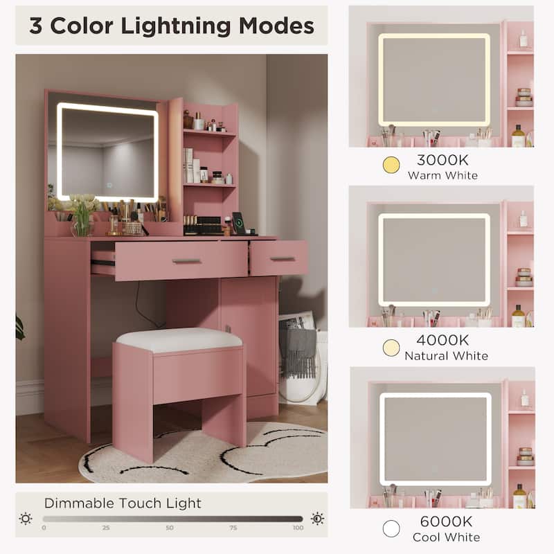 Makeup Vanity Set, Vanity Desk with Stool, LED Light Mirror and Charging Station
