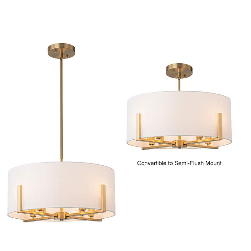 8-Light Semi-Flush Convertible To Pendant With White Drum Lampshade