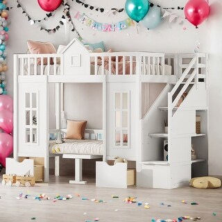 Twin over Twin Bunk Bed With Changeable Table,Conversation Desk for Home