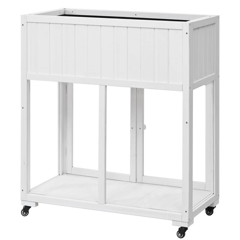 Mini Wooden Cold Frame, Compact 2 Doors Greenhouse with Raised Bed and Wheels, Outdoor Wood Planter with Drainage
