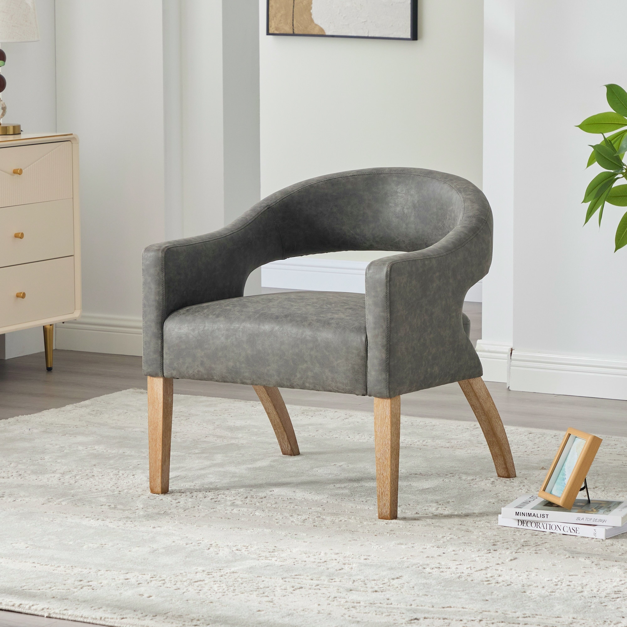 Open Back PU Accent Armchair, Barrel Style Chair with Rubberwood Legs