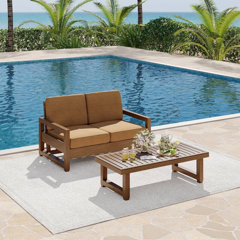 Teak Loveseat Patio Set with Cushions and Table (2-Piece)