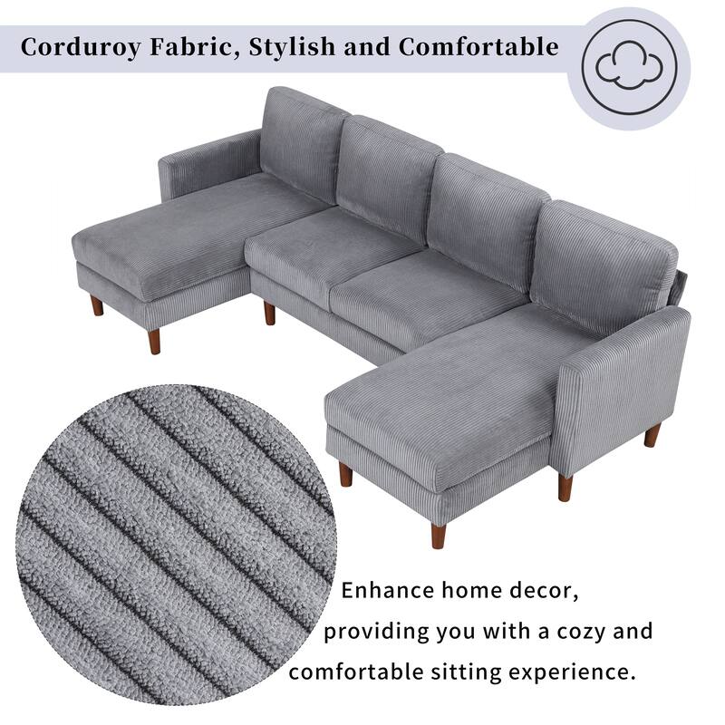 Grey 103'' Versatile U-Shaped 4-Seat Sectional Sofa with 2 Chaises, Solid Wood Legs, and Spacious Seating Areas